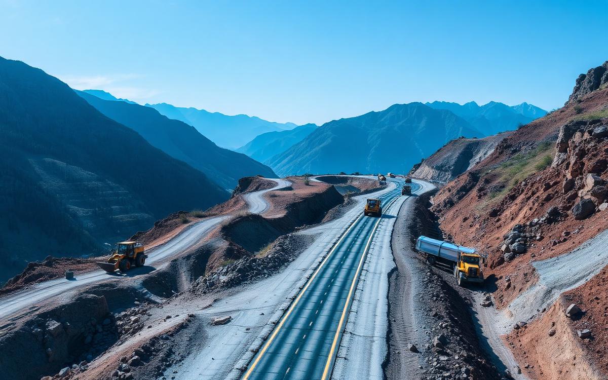 Trazado de carretera en construcción sobre terreno montañoso con maquinaria de movimiento de tierras