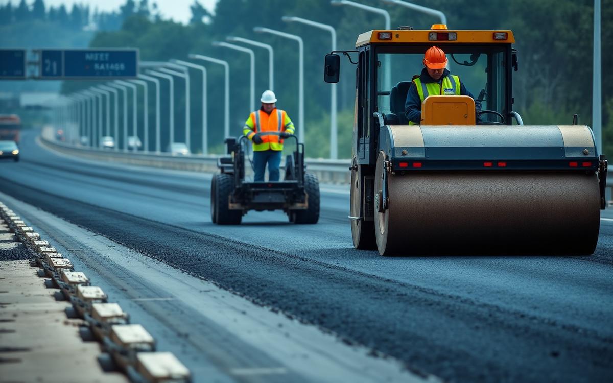 Pavimentación asfáltica con extendedora y rodillo compactador en autopista