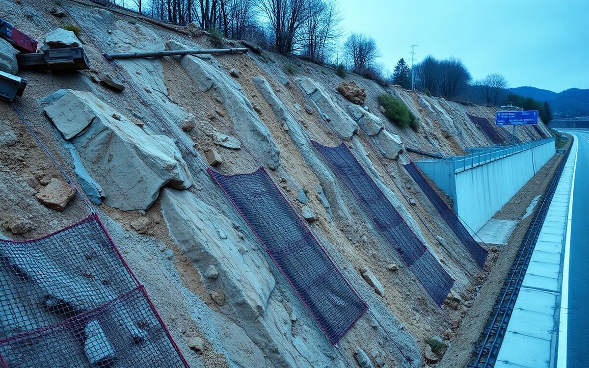 Talud de corte estabilizado con malla, pernos y hormigón proyectado junto a una carretera