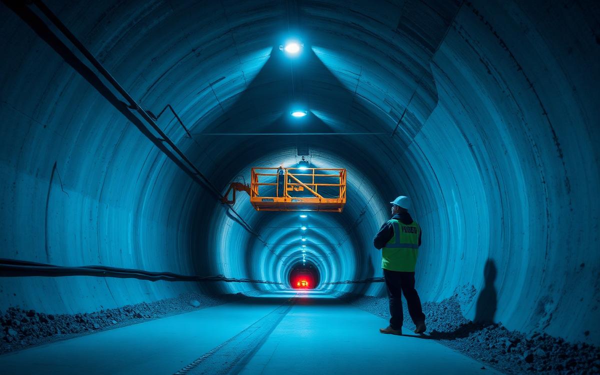 Interior de túnel vial en construcción con revestimiento de hormigón proyectado e iluminación