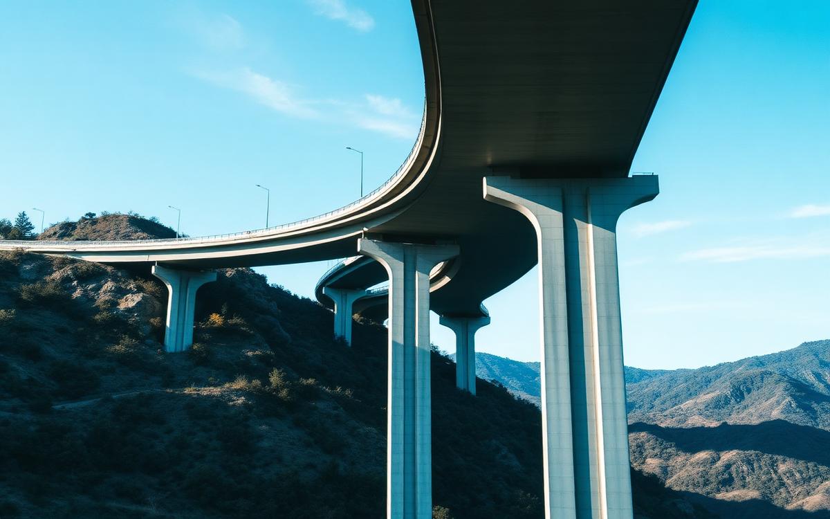 Puente vial de hormigón con pilas altas sobre un valle