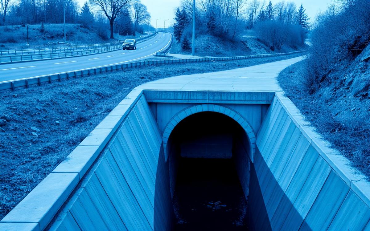 Obra de drenaje vial con alcantarilla de cajón y canal de hormigón junto a la calzada